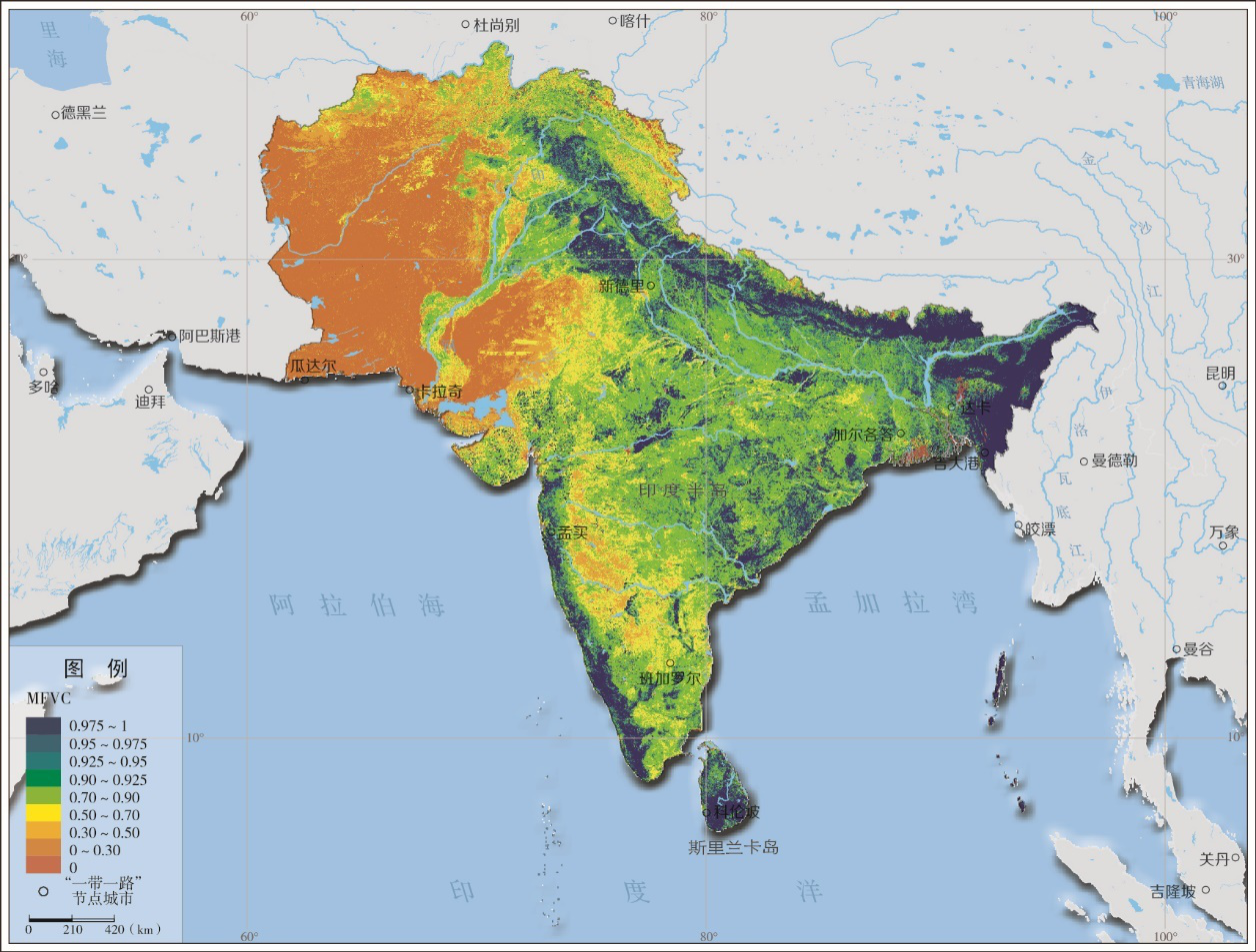 2015年南亚区年最大植被覆盖度分布