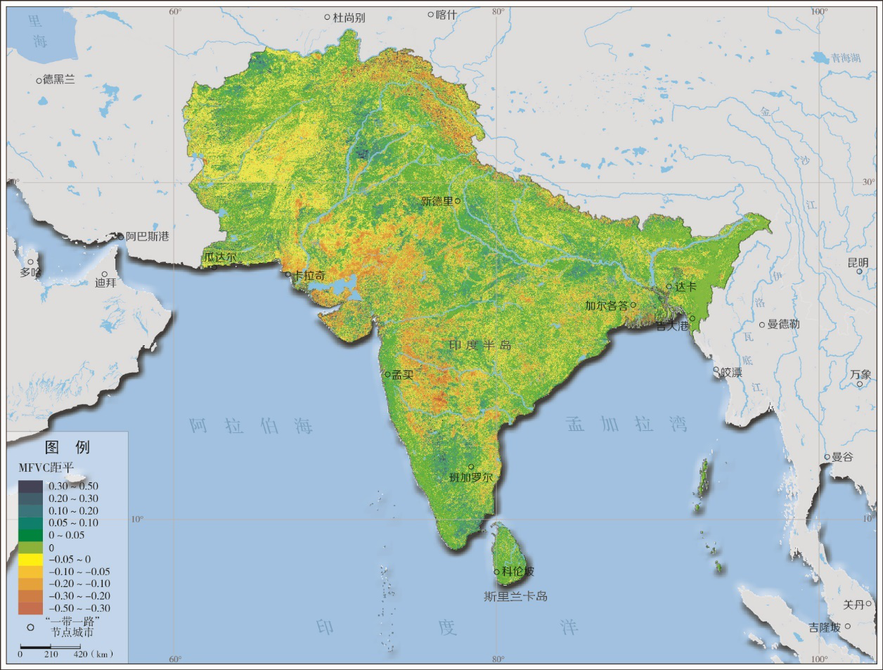 2015年南亚区年最大植被覆盖度距平分布